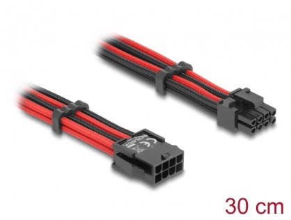 Cablu prelungitor PCIe 8 pini la 6+2 pini T-M brodat Negru/Rosu 0.3m, Delock 80975