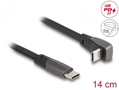 Cablu flat USB 2.0 type C drept/unghi 90 grade 60W T-T 14cm brodat Negru, Delock 80750