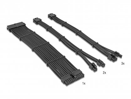 Set 5 prelungitoare alimentare PSU 24 pini ATX/2 x 4+4 pini EPS/3 x 6+2 pini PCIe brodat 30cm Negru, Delock 84541