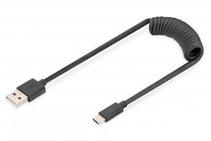 Cablu spiralat USB-A 2.0 la USB type C 60W 0.3m - 1m Negru, Digitus AK-300430-006-S