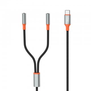 Cablu audio USB type C la 2 x jack stereo 3.5mm T-M 1.2m brodat Negru, XO NB-R269B