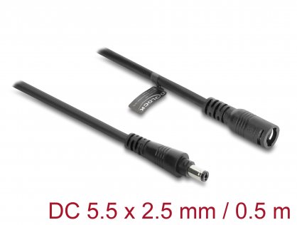 Cablu prelungitor alimentare 5.5 x 2.5mm cu blocare T-M 0.5m Negru, Delock 67391