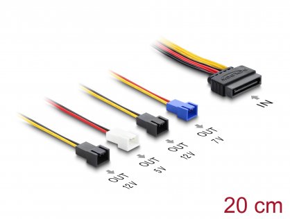 Cablu alimentare SATA 15 pini la 4 x 2 pini fan (12V/7V/5V) 20cm, Delock 80656