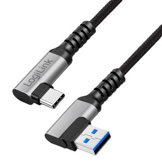 Cablu USB-A 3.0 la USB type C T-T unghi/unghi 90 grade 60W 2m brodat Negru, Logilink CU0473