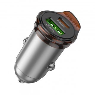 Incarcator auto USB-A + USB-C 43W Rigorous metal Gri, HOCO NZ16A
